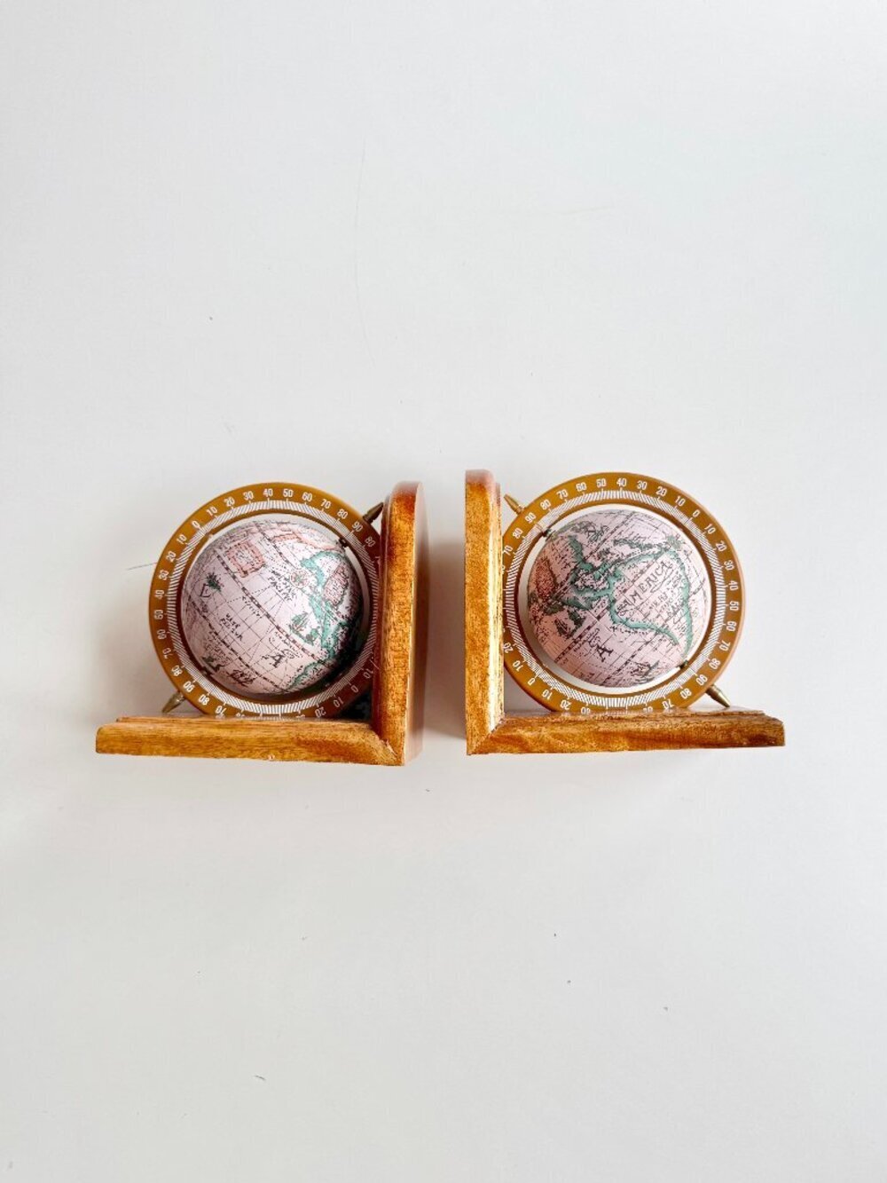 Vintage Wood Plastic Spinning Paper Globe Bookends